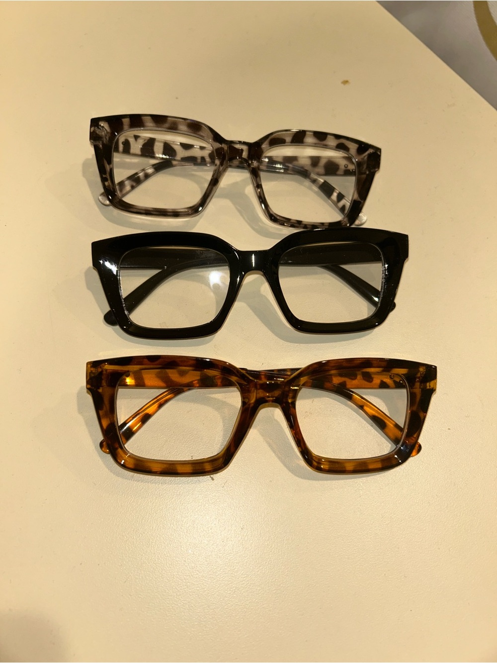 Set of 3 Bold Square Frame Glasses — Tortoiseshell, Black, Gray Leopard